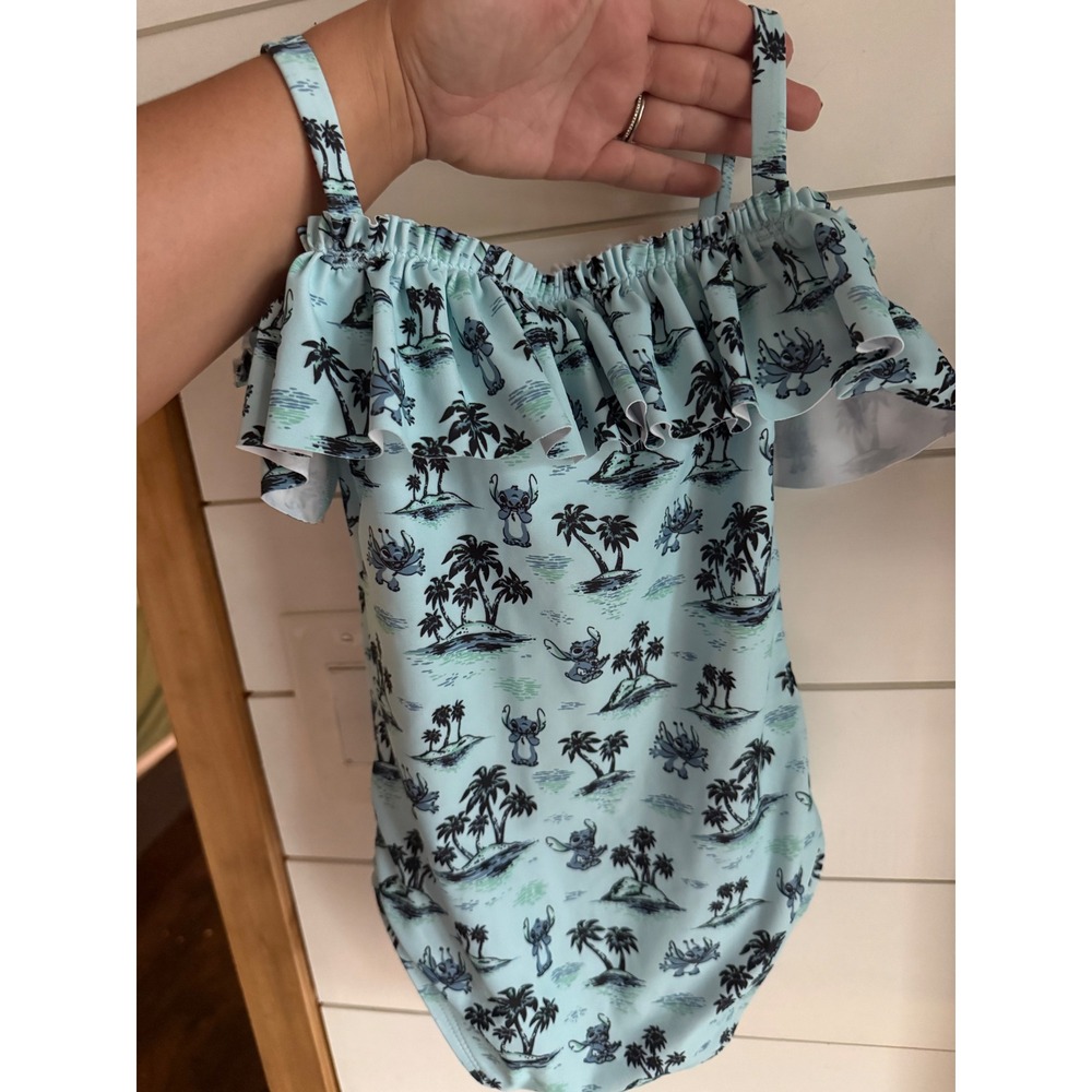 Disney Lilo & Stitch Girls One Piece Swimsuit Blue Tropical Palm Tree‎ Size 5/6